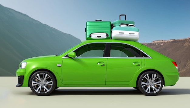 A green car with luggage on the roof