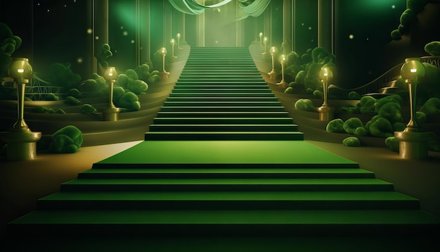 Green Carpet Bollywood Stage Green Steps Spot Light Achtergrond van de Golden Regal Awards Generative ai