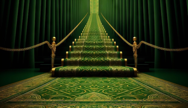 Green Carpet Bollywood Stage Green Steps Spot Light Backdrop of the Golden Regal Awards Generative ai