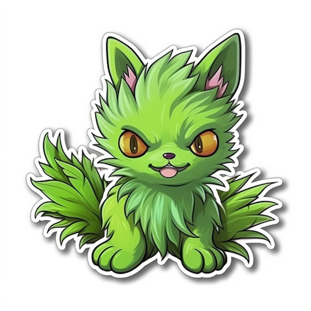A green cat sticker with a pink nose and tail generative ai