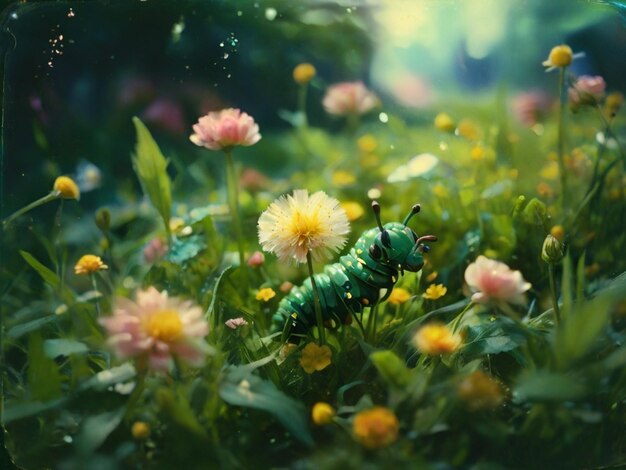 Foto un bruco verde è su un fiore nell'erba