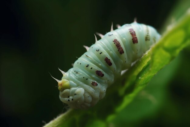 A green caterpillar is on a green leaf.