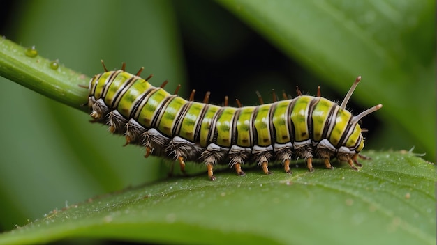 Green caterpillar on a leaf with soft hairs