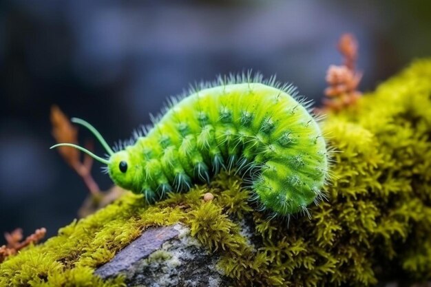 Photo a green caterpillar on a log with a green caterpillar on it