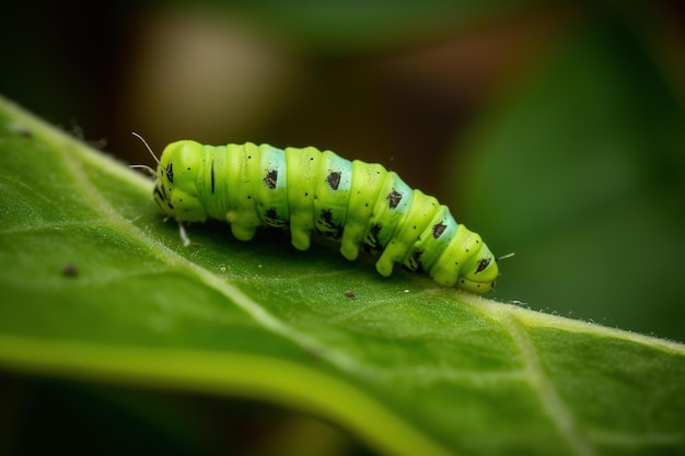 A green caterpillar with black dots on its face sits on a green leaf.