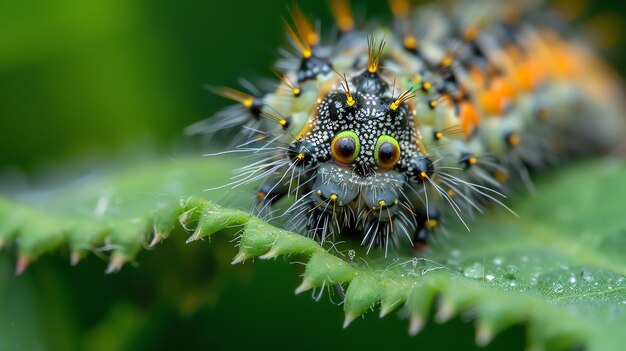 a green caterpillar with black and yellow stripes is sitting on a leaf the caterpillar is looking at the camera with its big green eyes