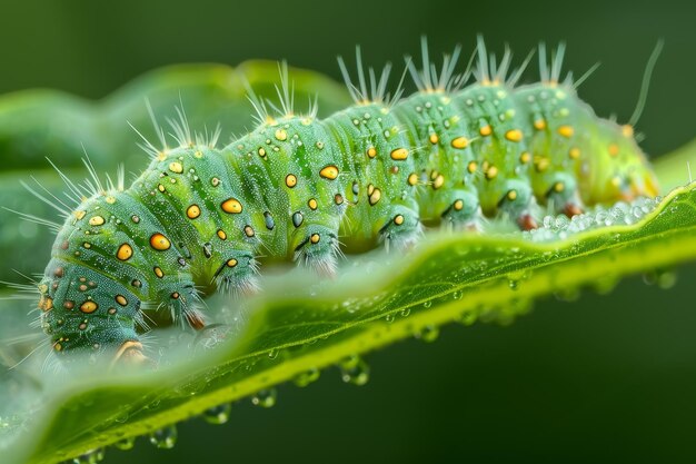 A green caterpillar with yellow spots on its back