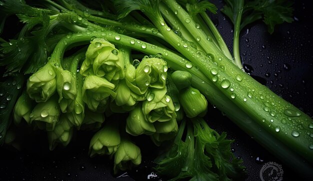 green celery in water drops in the style of captivating floral still lifes