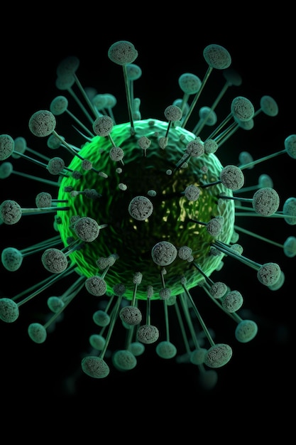 a green cell of the influenza virus on a black background threedimensional illustration