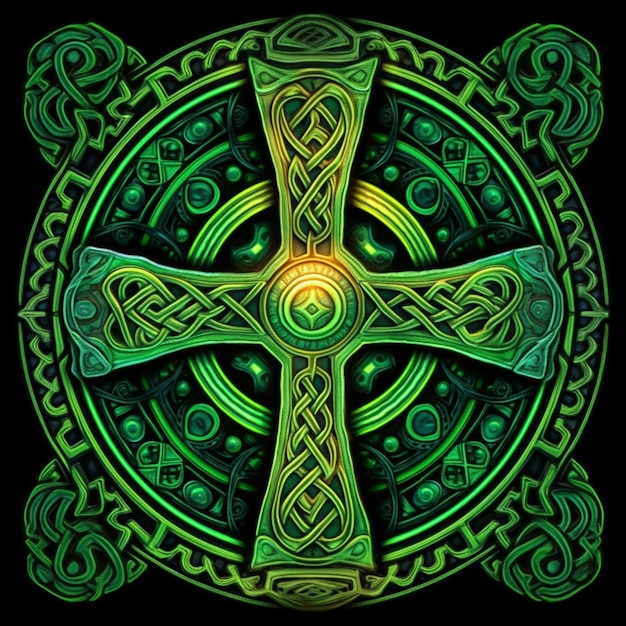 A green celtic cross with a glowing light in the middle generative ai