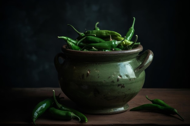 A green ceramic bowl of chili peppers sits on a wooden table.