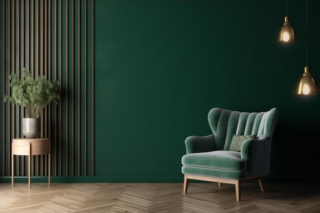 A green chair in a dark room with a plant on the right side.