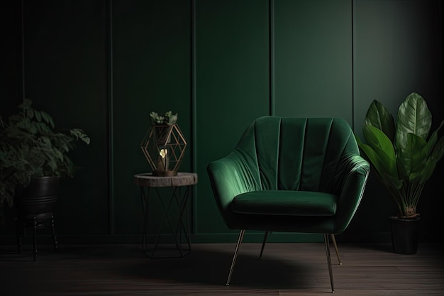 A green chair in a dark room with a plant on the side