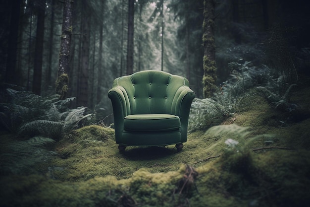 A green chair in a forest with moss on the walls and a green chair in the foreground.