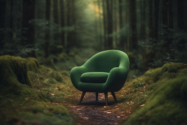 A green chair in a forest