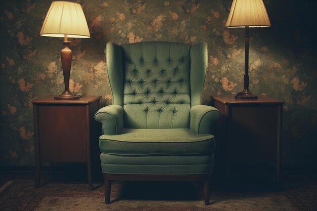 Photo a green chair sitting next to a lamp on a table