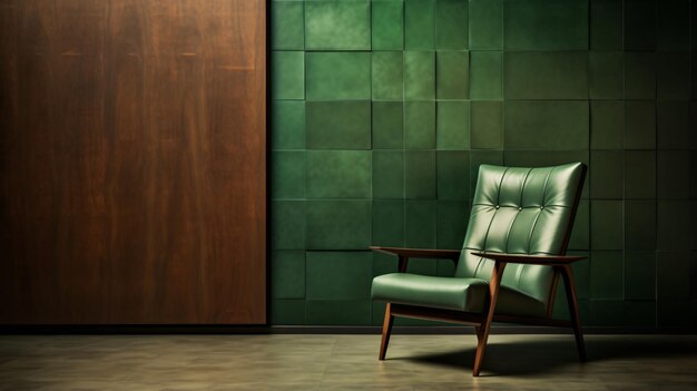 A green chair sitting next to a wall