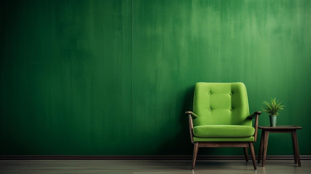 A green chair sitting next to a wall