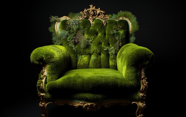 A green chair with a gold crown and a mossy chair.