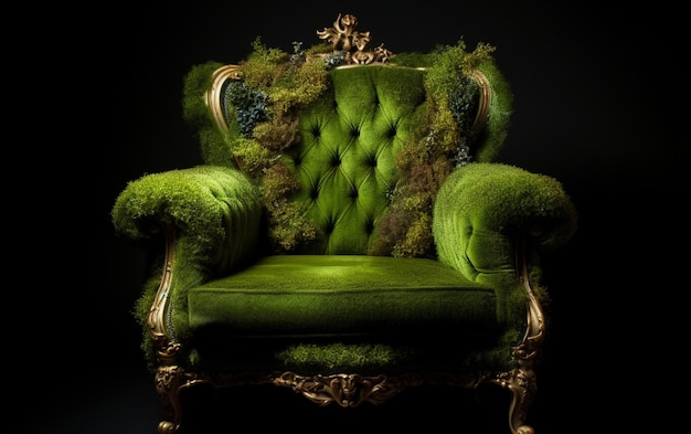 A green chair with moss growing on it