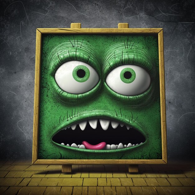 green chalk board character with evil eyes and mouth cartoon style White backgroun