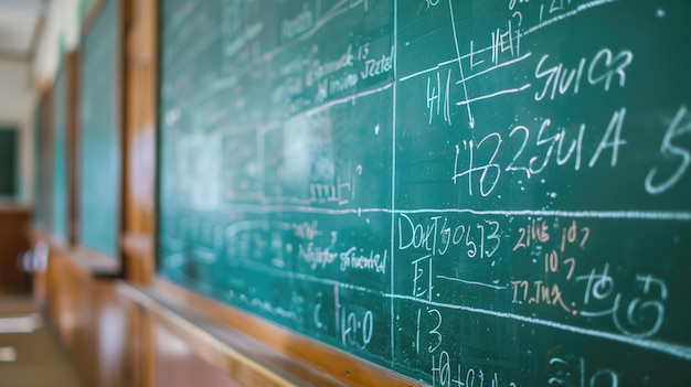 Photo green chalkboard filled with complex mathematical equations and formulas in classroom setting