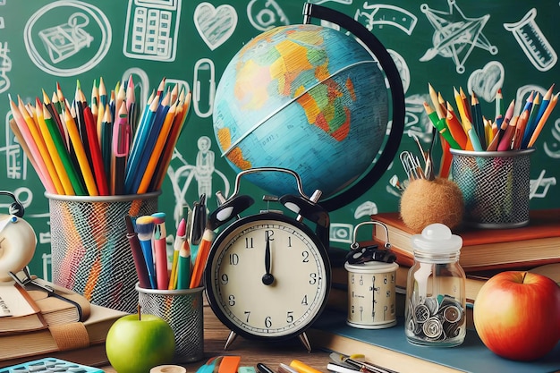 Foto una lavagna verde con un globo e un orologio