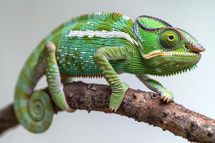 Photo a green chameleon on a branch with a white dot on its face