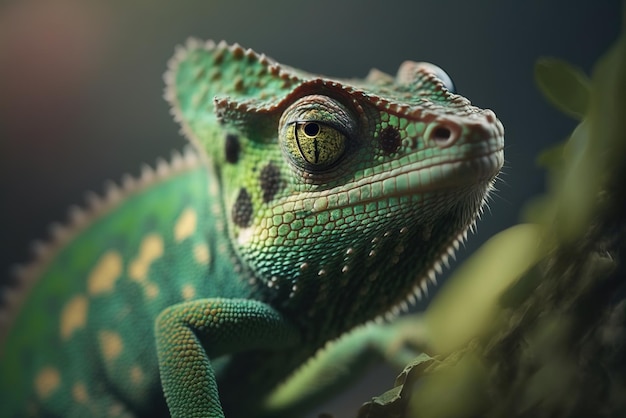 Green chameleon on a branch