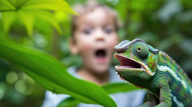 Green chameleon in jungle happy surprised child reacts to reptile Big lizard on funny kid background macro view of wild animal in forest or park Concept of nature wildlife