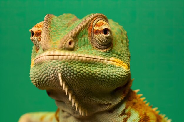 Green chameleon portrait over a green background