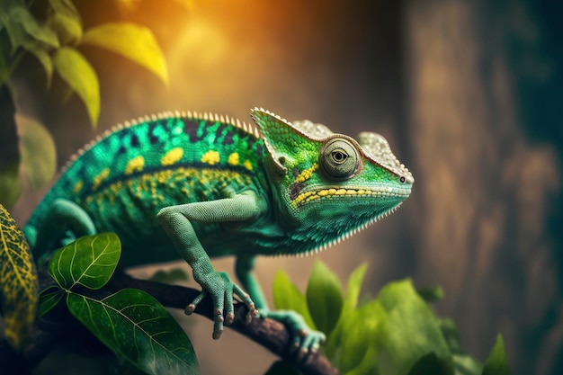 A green chameleon sits on a branch in a jungle