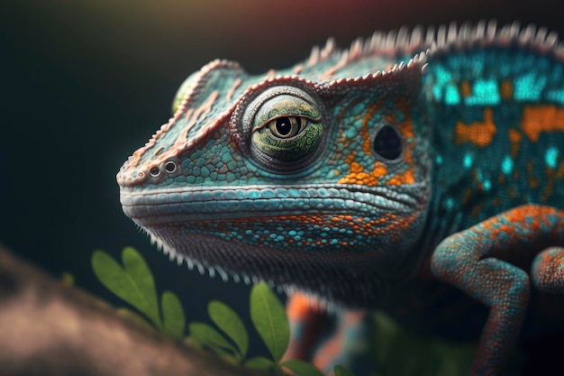 A green chameleon with a blue and orange eye