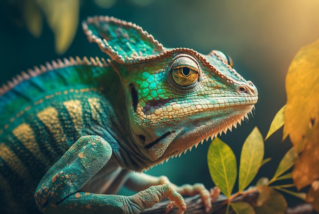 Green chameleon with textured skin close up blurred tropical background Generative AI