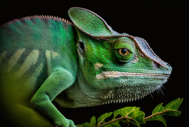 Green chameleon with textured skin close up blurred tropical background Generative AI