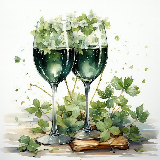 Green Champagne Glasses Toasting Watercolor Clipart