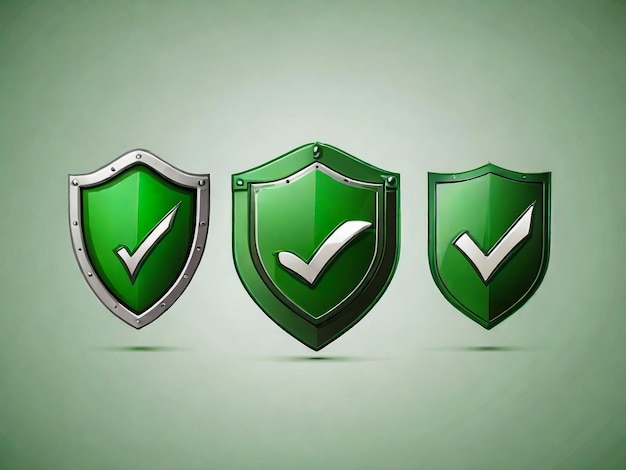 Green check mark with shield icon set and tick symbol in green color vector illustration