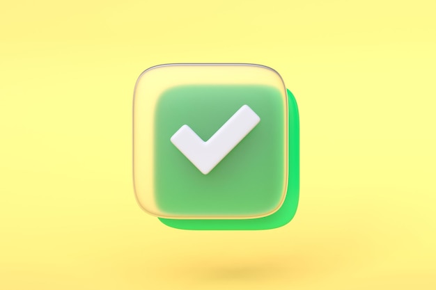 Green checkmark glass icon 3d render illustration