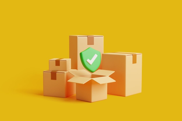 A green checkmark sign with a group of brown cardboard boxes on yellow background 3D render