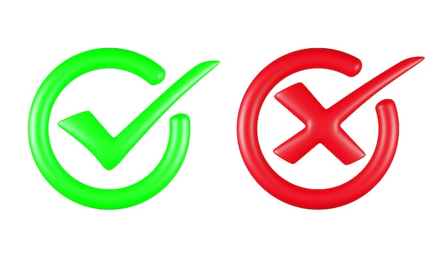 Green checkmark with Red Cross icon approval mark and rejection concept 3D render