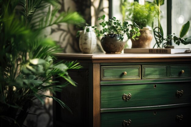 Photo a green chest of drawers with potted plants suitable for home decor projects