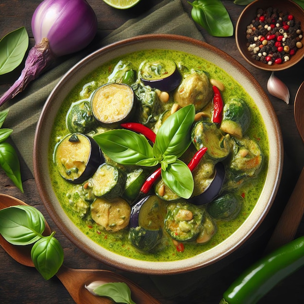 Green chicken curry has eggplant chill basil in bowl on wood background top view Asian food concept