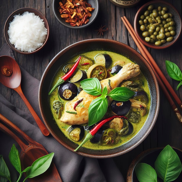 Green chicken curry has eggplant chill basil in bowl on wood background top view Asian food concept