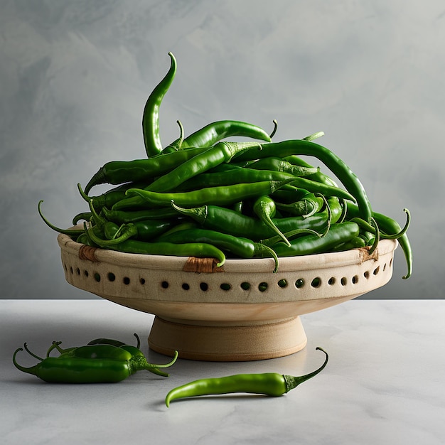 Green chili pepper in basket with blurred background