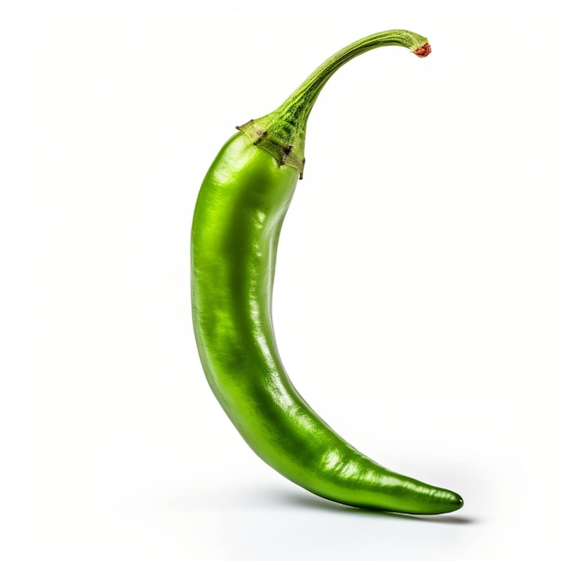 A green chili pepper with a red tip and a white background.