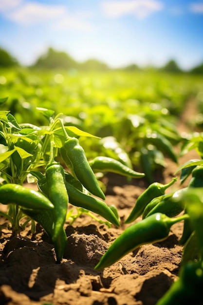 green chili peppers growing in a field with a blue sky in the background