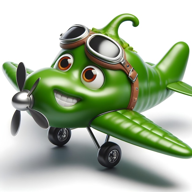 a green chilli on airplane shape with sunglasses on white background