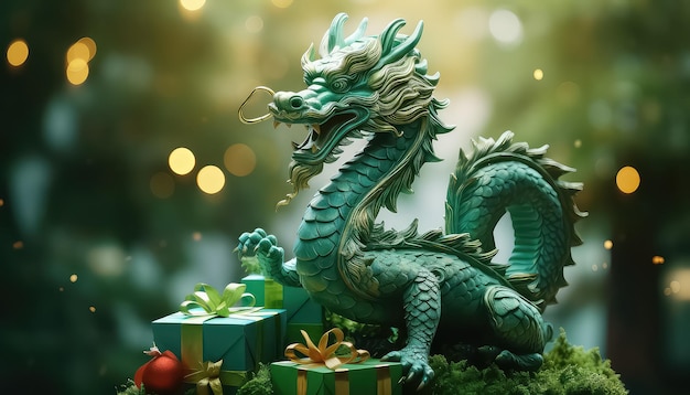 Зеленый китайский дракон сидит на подарке новогодней концепции