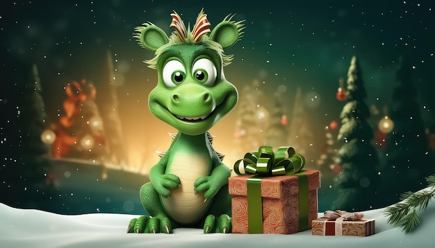 Зеленый китайский дракон сидит на подарке новогодней концепции