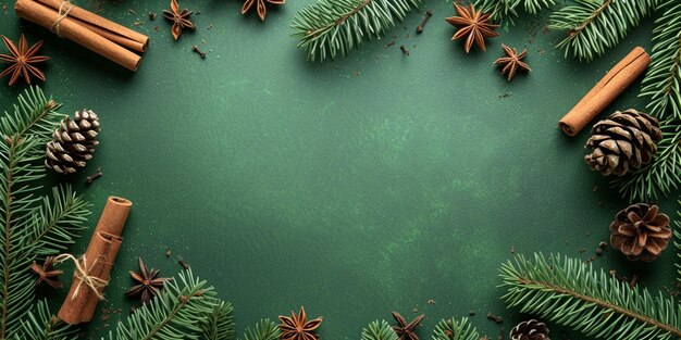 A green Christmas background including cinnamon anise and fir cones Top view flat lay and copy